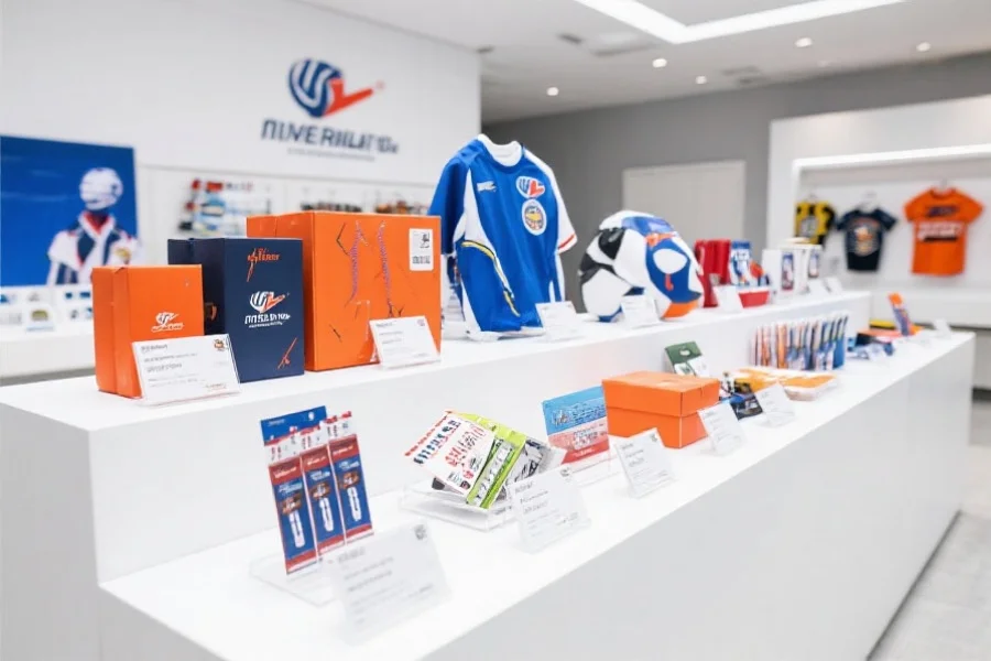 展示各种可兑换的奖品,如运动周边、门票和礼品盒,摆放在明亮整洁的展示台上