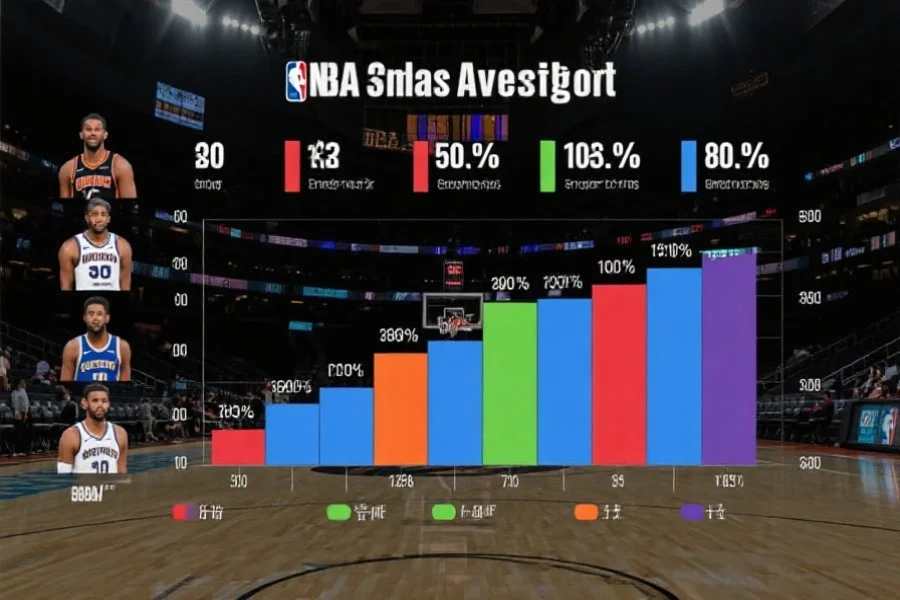 篮球数据分析图表,展示多位球员的主要数据对比,背景为NBA球馆